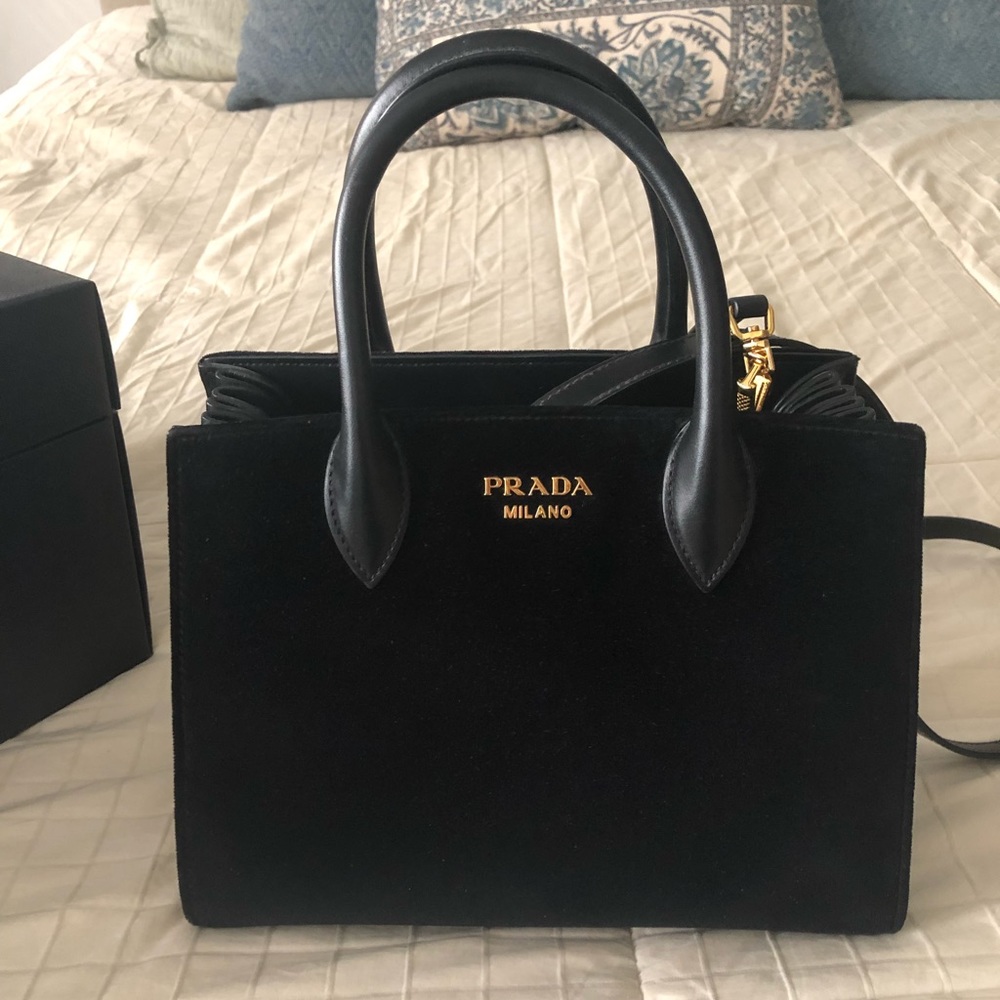 Prada top handle velvet bag with removable strap